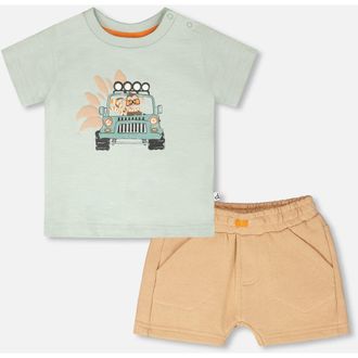 Deux par Deux Organic Cotton Monkey Short Sleeve T-Shirt and Short Set in Mint Green And Beige at Nordstrom, Size 18M
