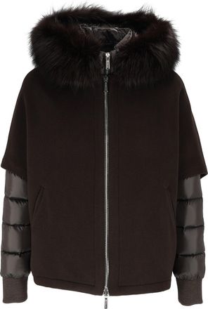 Moorer Pegaso-CWR Cioccolato Boxy Quilted-Sleeve Padded Fur-Trimmed Short Jacket