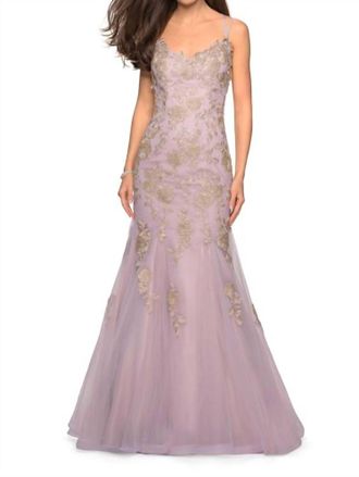 La Femme Lace Applique Tulle Mermaid Gown In Mauve/gold