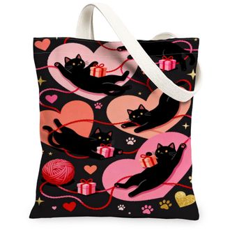 Generic ValentineS Day Cat Canvas Tote Bags, Adorable Feline Heart Pattern Reusable Shopping Bags, Lightweight Washable Shoulder S, Black, 13x15 Inch