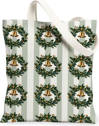 Generic Holiday Canvas Tote Bags, Elegant Bell Wreath Design Reusable Shopping Bags, Classic Festive Lightweight Washable Canvas for Travel Gym Beach 13x15 In