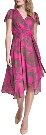 DKNY Flutter Sleeve Mock Wrap Dress in Modern Bloom at Nordstrom Rack, Size 16