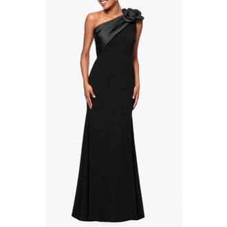Betsy & Adam Rosette One-Shoulder Crepe Trumpet Gown in Black/Black at Nordstrom Rack, Size 4