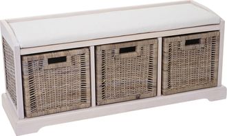 Hhg Hhg - Nunca Usado] Banco Bienne, Caja De Almacenaje, 3 Cestas, Mimbre Rat&aacute;n Kubu, 112x46x37cm, Blanco