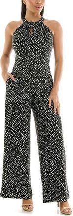 Nina Leonard Twisted Halter Neck Jumpsuit in Black/white Dots at Nordstrom Rack, Size X-Large