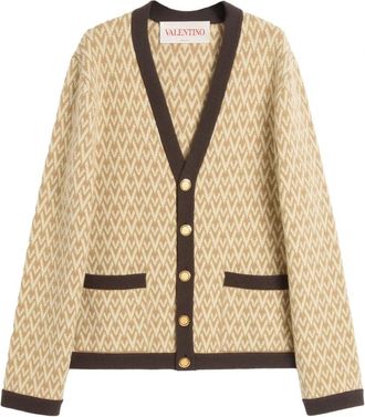 Valentino Garavani Cardigans, male, Beige, Size: S Beige Wool Cardigan with Jacquard Motif