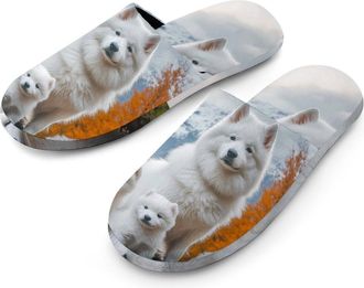 Generic Samoyed Dog Family Flannel Mens Slip-on Slippers Winter Warm House Shoes with Rubber Sole for Home Hotel