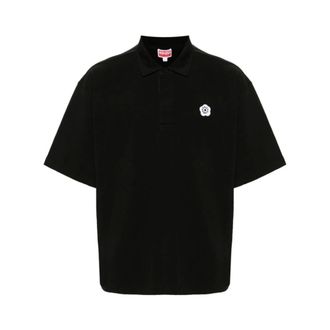 Kenzo Polo Shirts, male, Black, Size: XL Black Polo Shirt with Flower Patch