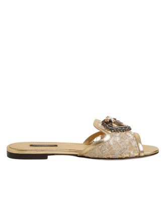 Dolce & Gabbana Gold Devotion Lace Flats Slip On Sandals Womens Shoes