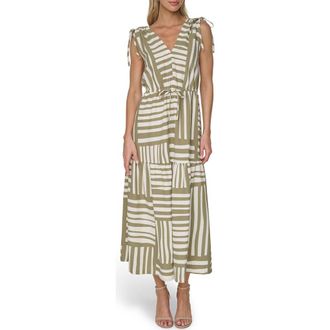 Calvin Klein Gauz A-Line Maxi Dress in Light Olive/Cream at Nordstrom Rack, Size 12