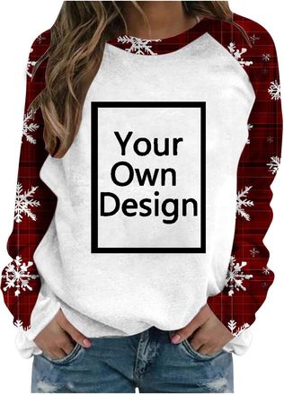 Generic Womens Personalised Christmas Raglan Sweatshirt Custom Snowflake Jumper Add Text Photo Logo Plaid Sleeves Crew Neck Fleece Warm Top Winter Festive Red