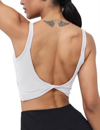Generic Womens Workout Sports Bras Backless Padded Yoga Tank Tops Crop Twist Low Back Cami Bra for Gym White