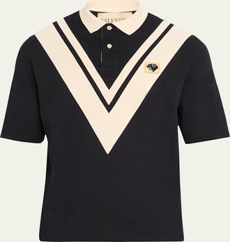 Valentino Garavani Mens Inlaid V Cotton Polo Shirt with Panther Patch