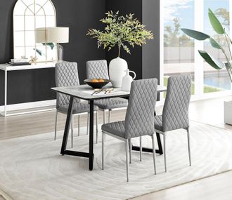 Furniturebox Carson White Marble Effect Dining Table & 4 Milan Chrome Leg Chairs in Grey