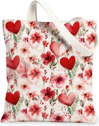 Generic ValentineS Day Floral Canvas Tote Bags, Heart Pattern Reusable Grocery Bags, Lightweight Washable Shoulder Strap Canvas Fo, Red, 13x15 Inch