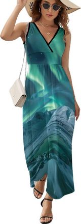 Generic Aurora Northern Lights Maxi Dresses for Women Fashion Summer Casual Sleeveless Beach V Neck Sundresses A Line Skirt L