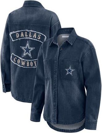 WEAR by Erin Andrews Womens WEAR by Erin Andrews Denim Dallas Cowboys Washed Oversized Denim Full-Snap Shacket at Nordstrom, Size X-Large