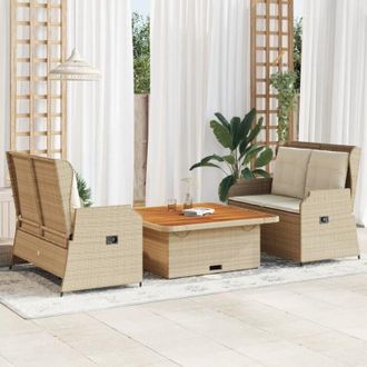 vidaXL Set Muebles De Jard&iacute;n 3 Piezas Y Cojines Rat&aacute;n Sint&eacute;tico Beige