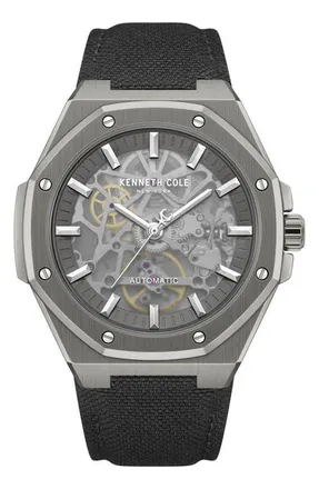 Kenneth Cole Benson Skeleton Automatic Nylon Strap Watch, 42mm in Black at Nordstrom