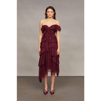AMUR Emaline Chiffon Cascade Dress in Pinot Noir at Nordstrom, Size 10