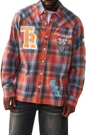 True Religion Patch Appliqu&eacute; Cotton Flannel Button-Up Shirt in Orange /Blue Plaid at Nordstrom, Size Xxx-Large