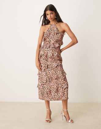 Pretty Lavish Katy - Vestito con gonna al polpaccio e volant con stampa astratta a macchie-Multicolore