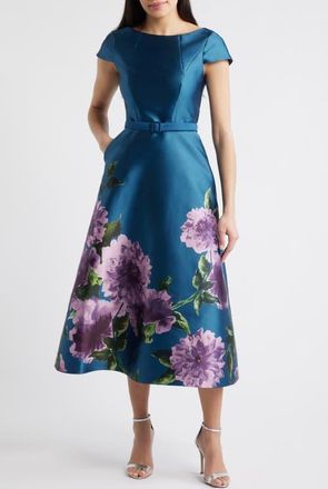 Kay Unger Ina Belted Cocktail Dress in Teal Blue at Nordstrom, Size 12