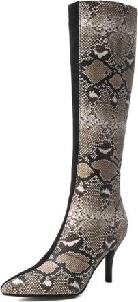 Generic Womens Stylish Snakeskin Knee-High Boots Pointed Toe Stiletto Heels Comfortable Slip-Resistant Durable Evening Party Prom Clubbing Shoes,Camel,7.5 UK