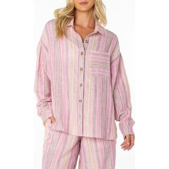 Roxy Lets Get Away Striped Cotton Button-Up Shirt in Fuchsia Pink at Nordstrom, Size X-Large