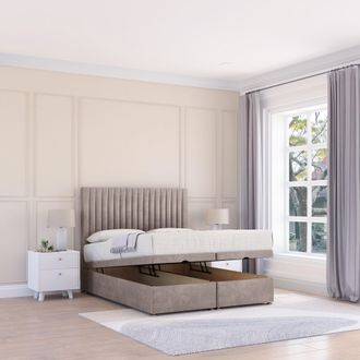 Sloomy Manhattan Plush Fabric Ottoman Bed End Opening With Sprung Memory Mattress & 26 Inch strut Headboard in Stone | Size: Small Single