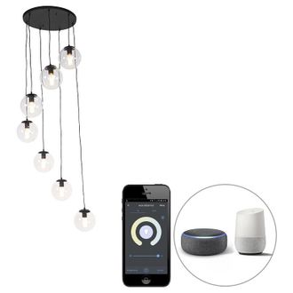QAZQA Art D&eacute;co L&aacute;mpara Colgante Inteligente Negra 7 Luces Con Wifi St64 - Pallon Vidrio /acero Esfera /alargada Adecuado Para Led Max. 7 X 7 Watt - Qazqa