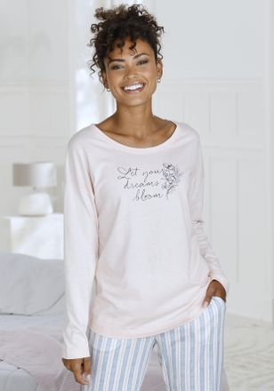 Vivance Pyjamaoberteil VIVANCE DREAMS, Damen, Gr. 32/34, rosa, Single Jersey, Obermaterial: 50% Baumwolle, 50% Viskose, bedruckt, loose fit h&uuml;ftlang, Rundhals