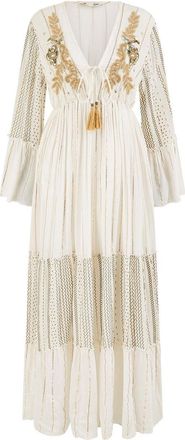 Yumi White Metallic Embellished Maxi Dress with Long Sleeves (UK, Numeric, 10, Regular, Regular, White)