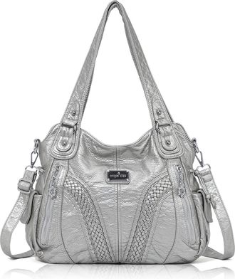 Angel Kiss Purses and Handbags Women Fashion Tote Bag Shoulder Bags Top Handle Satchel Purses Washed Synthetic Leather Handbag, 1-silver Grey, 13.8 * 4.7 * 11.8 