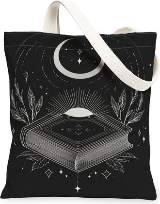 Generic Gothic Moon Canvas Tote Bags, Book & Leaf Design Reusable Bags, Autumn Vintage Minimalistic Lightweight Washable Shoulder F, Black, 13x15 Inch