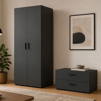 Dmora Armario Buriasco 2 Puertas, Habitaciones, 1 Estante, 2 Cajones, Barra Para Colgar, 74x214h Cm Negro Antracita