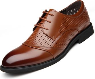 Generic Dress Oxford Shoes for Men Lace Up Burnished Cap Toe Height Increasing Elevator 2.3inch Leather Anti-Slip Low Top Rubber Sole Business(Brown Perforate