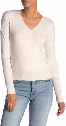 Elodie Faux Wrap Ribbed Knit Surplice V Neck Sweater In Ivory