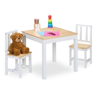 Relaxdays Relaxdays - Mesa Y 2 Sillas Infantiles, 3 Piezas, Mobiliario Para Ni&ntilde;os Y Ni&ntilde;as, Set De Muebles Dormitorio, Blanco/natural