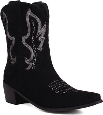 Generic Womens Retro Embroidered Cowboy Boots Pointed Toe Mid Block Heels Faux Suede Cushioned Insole Comfortable Durable Non Slip Casual Daily Western Shoes,