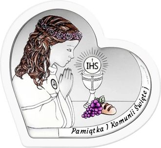 OEM Cuadro En Plata Para Ni&ntilde;a, Recuerdo De Primera Comuni&oacute;n, Coloreado En Marco Blanco, Coraz&oacute;n Con Grabado 6800-awc 13,5 X 12 Cm