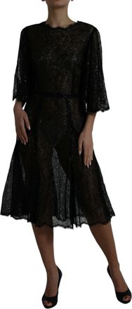 Dolce & Gabbana Womens Black Floral Lace Sheer A-Line Midi Dress Viscose Nylon Polyester