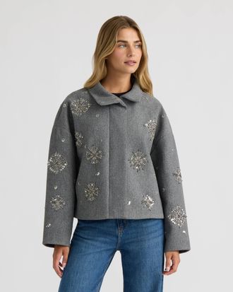 NVLT Womens Faux Wool Crop Jacket with Stand Collar and Embellishment