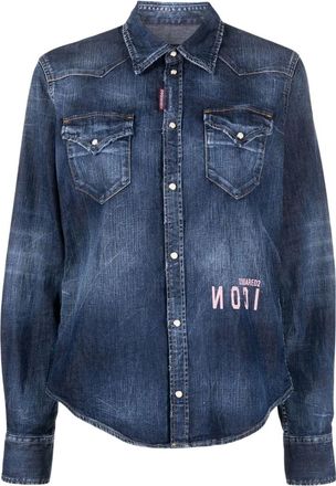 Dsquared2 Womens Icon Reverse Logo Western Dark Blue Denim Shirt Cotton - Size Medium