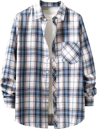Generic Shacket Mens Oversized Shirt Jacket with Pocket Long Sleeve Button Overshirt Turn Down Collar Plaid Shirt Lightweight Jacket for Youth Teen Spring Aut