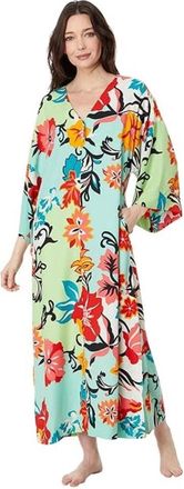 Natori Marbella Caftan Womens Blue Milti Floral Side Slits V-Neck JZZ433