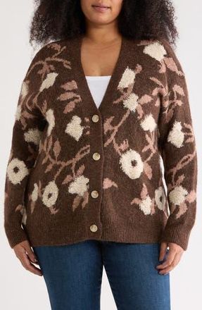 Daniel Rainn Floral Jacquard Button Front Cardigan in Chocolate at Nordstrom Rack, Size 1X