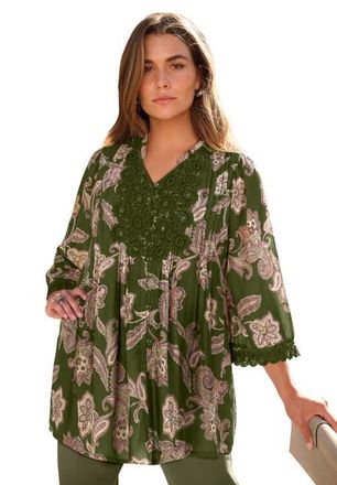 Roaman's Plus Size Juliet Lace Trim Button-Down Shirt in Dark Olive Bali Paisley at Nordstrom, Size 24