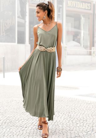 Buffalo Maxikleid BUFFALO, Damen, Gr. 34, N-Gr, gr&uuml;n (khaki), Jersey, Obermaterial: 100% Viskose, unifarben, figurumspielend bodenlang, V-Ausschnitt, Kleider 