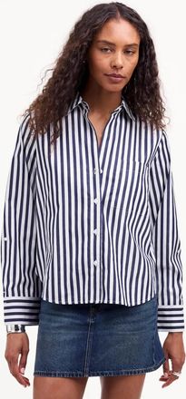 Madewell Easy Y-Neck Shirt Womens Dark Midnight Striped Button-Up GBO1935